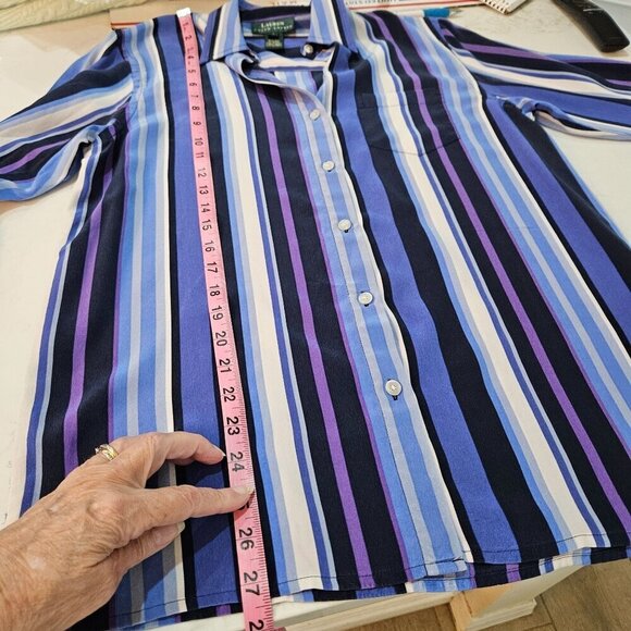 Lauren Ralph Lauren Silk Shirt Small Striped Oversized Button-Down Blue & Purple - Picture 7 of 8